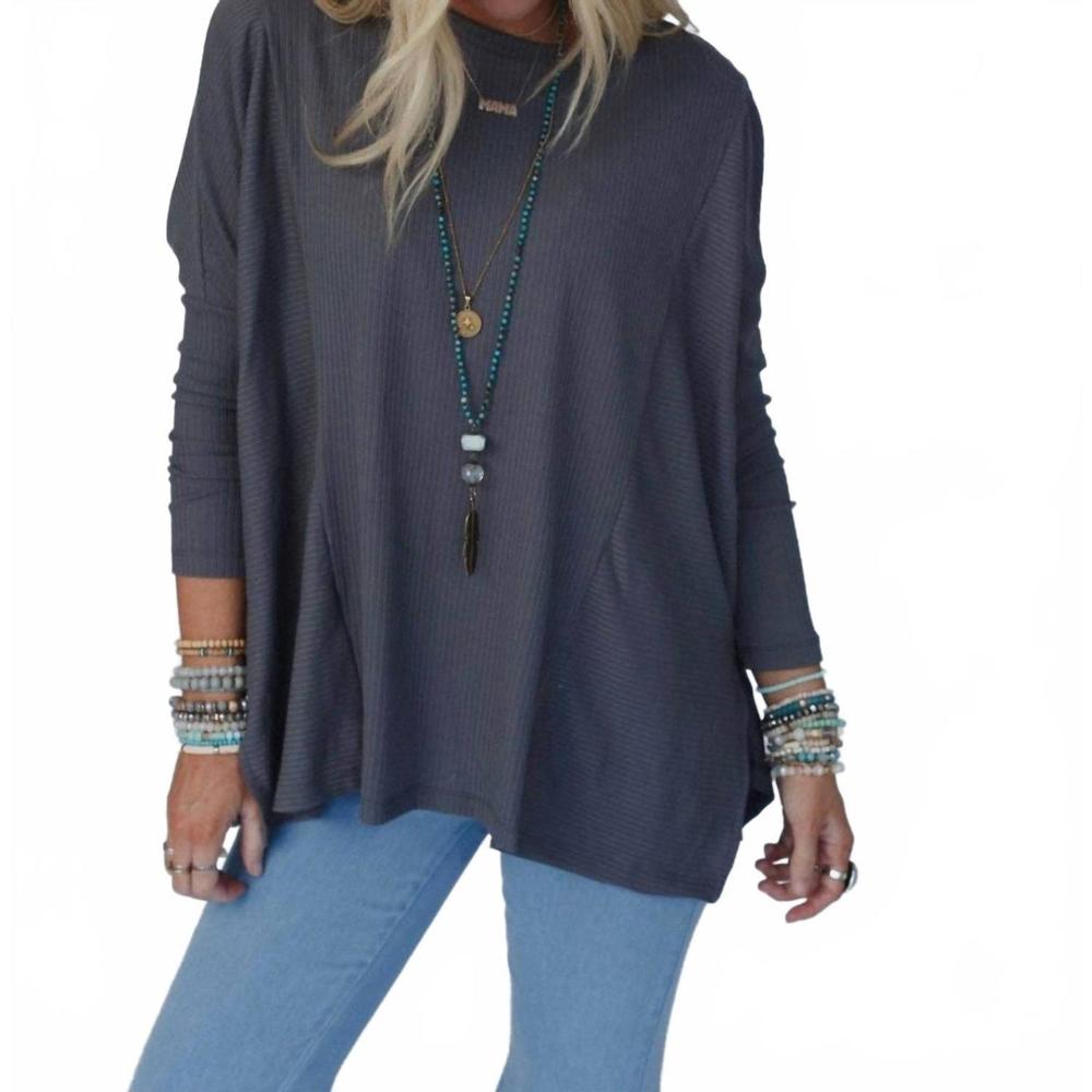 Three Bird Nest Charcoal Ribbed Oversized Long Sleeve Tee